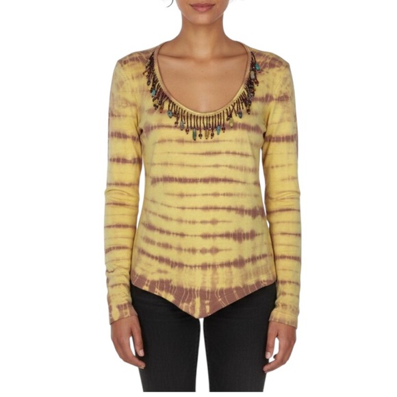 Santa Barbara Yellow and Brown Tie-Dye Beaded Scoop Neck Long Sleeve Top Medium - Picture 14 of 14